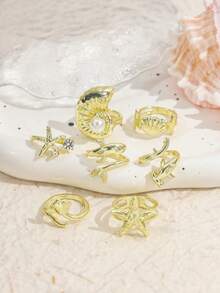 7PCS Ocean Rings, Metal Starfish Shell Conch Rings, Multi- Vacation Beach Layering Versatile Ring Set For Women - Gold - View 4