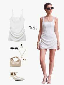 YROOE Elegant Pleated Fabric Design, Waist Tie Detail, Women's Spaghetti Strap Dress, Spring/Summer White - White - View 1