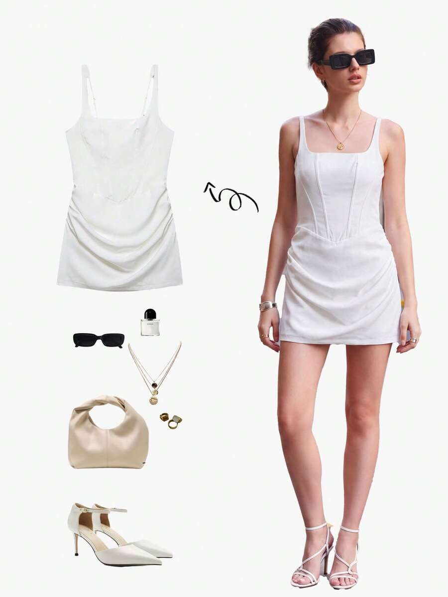 YROOE Elegant Pleated Fabric Design, Waist Tie Detail, Women's Spaghetti Strap Dress, Spring/Summer White - White - View 1