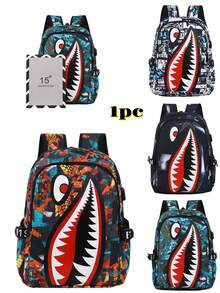 New Ink Cartoon Shark Backpack, Fashionable, Minimalist, Versatile, Suitable For Various Occasions, Unisex - Multicolor - View 1