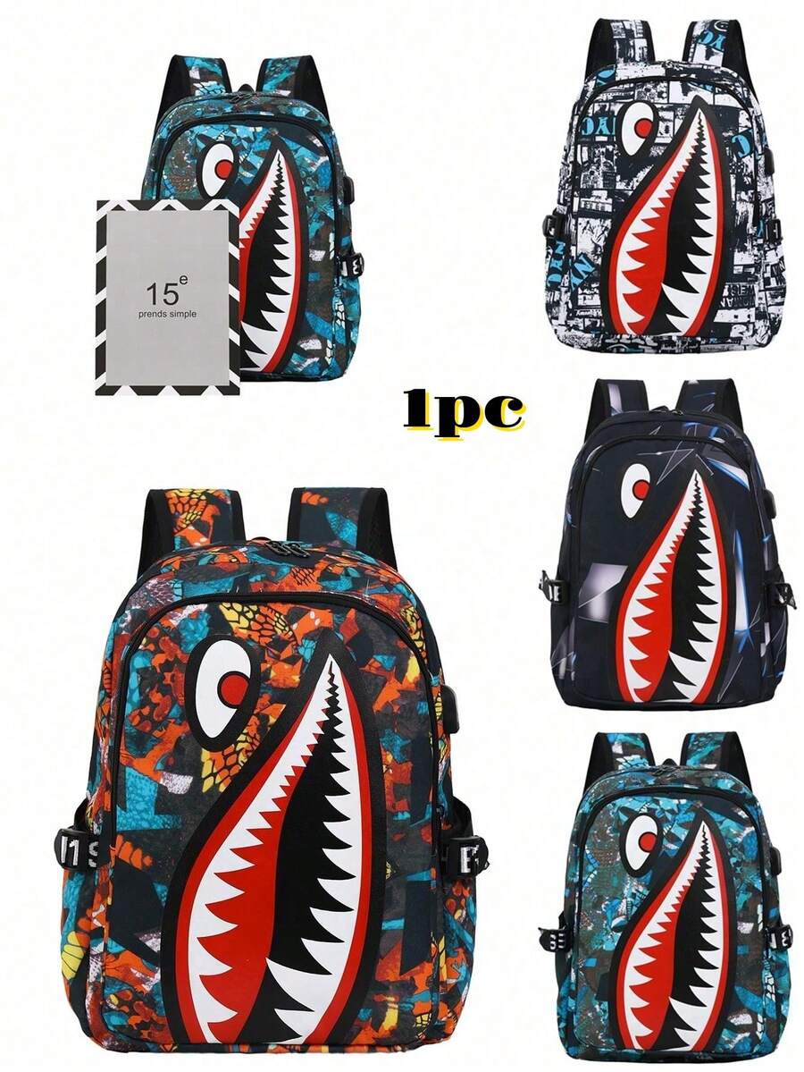New Ink Cartoon Shark Backpack, Fashionable, Minimalist, Versatile, Suitable For Various Occasions, Unisex - Multicolor - View 1