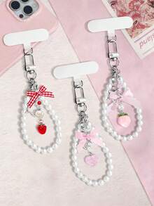 Ins Style Girly Pearl Bow Phone Lanyard With Strawberry Heart Pendant Anti-Lost Wrist Strap Universal Phone Case Charm Sweet Bestie Accessory - Multicolor - View 1