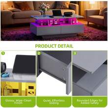 Yitahome Coffee Table With Storage, High Glossy 16 Color Adjustable LED Coffee Tables For Living Room, Black Coffee Table With Open Display Shelf And 4 Drawers, Modern Wooden Rectangle Tea Table - 灰色 - 查看 4