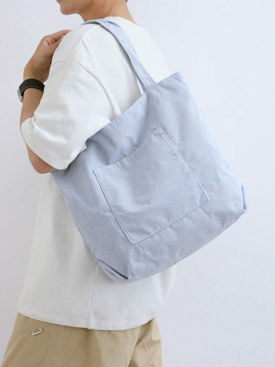 Solid Color Men's Casual Tote Bag, Striped Large Capacity Canvas Shoulder Bag,Y2k - Dusty Blue - View 1
