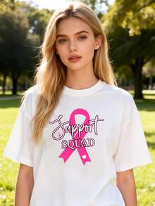 Women's Pure Cotton Short Sleeve T-Shirt Casual Loose Fit Breast Cancer Awareness Pink Ribbon Print Support Squad Graphic Tee - White - View 6