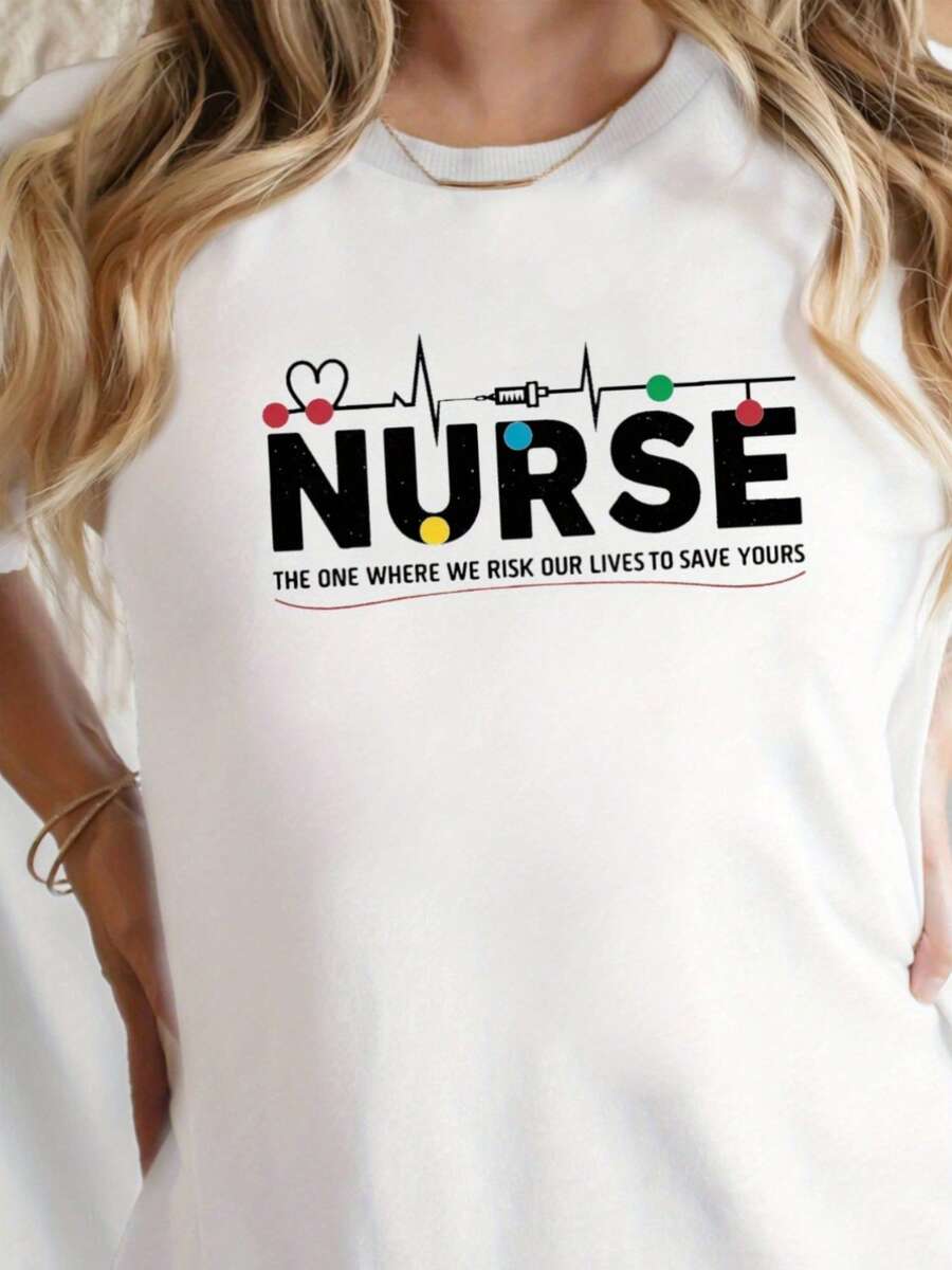 Camiseta con temática de enfermera de la marina - Manga corta, cuello redondo, estilo casual para profesionales de la enfermería y trabajadores de la salud, con diseño de 'Latidos del corazó - negro - Ver 1