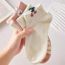 5/10 Pairs Women's Short Socks, Cute Pink Cherry Strawberry Rabbit Pattern, Comfortable Breathable Casual Street Style Design, Suitable For All Seasons - Multicolor - View 4