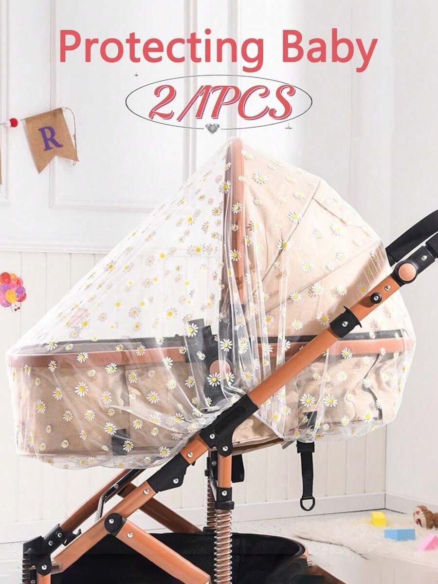 2/1 pieza-Red mosquitera universal estampada para cochecito, cubierta de malla de protección contra insectos de cobertura completa para cochecito, red mosquitera de tamaño extra grande y densa para cochecito de bebé - Blanco - Ver 1