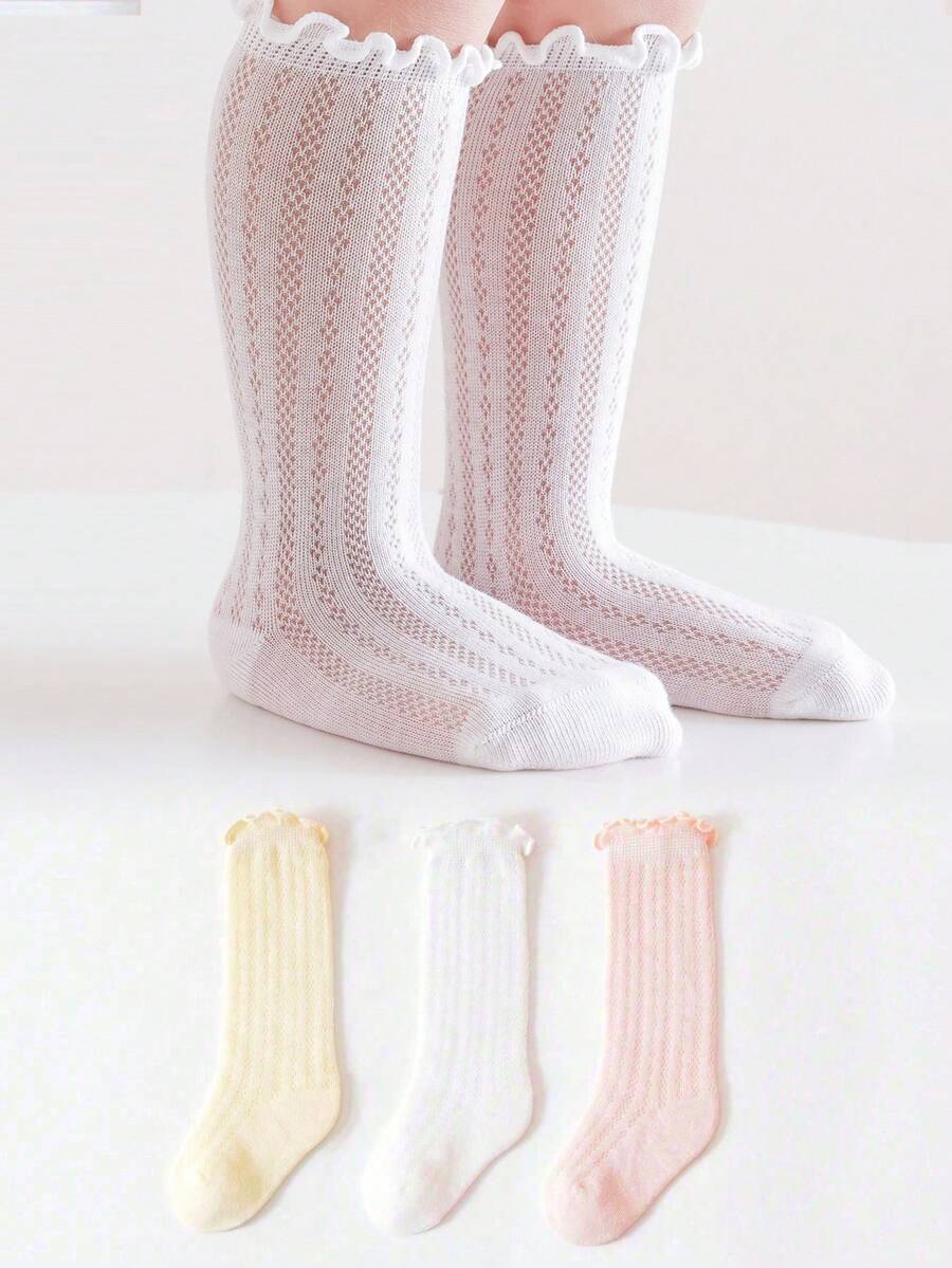 3 Pairs Kids Socks With Frill Trim & Mesh, Versatile Minimalist Mid-Calf Anti-Mosquito Socks - Multicolor - View 1