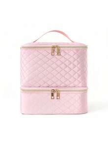 Double Layer Cosmetic Storage Box With Removable Nail Polish Organizer Insert, Large Capacity Makeup Storage Bag, Suitable For Travel, Vanity, Salon And Home Use - Pink - View 5