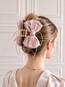 1pc Shiny Faux Rhinestone Bow Ribbon Hair Clip, Elegant Lightweight Tulle Hair Accessory For Women - Multicolor - View 8