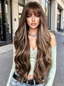 26 Inch Brown Long Wavy Synthetic Wig With Bangs, Heat Resistant Natural Curly Hair For Women, Suitable For Daily Wear And Parties - Brown - View 1