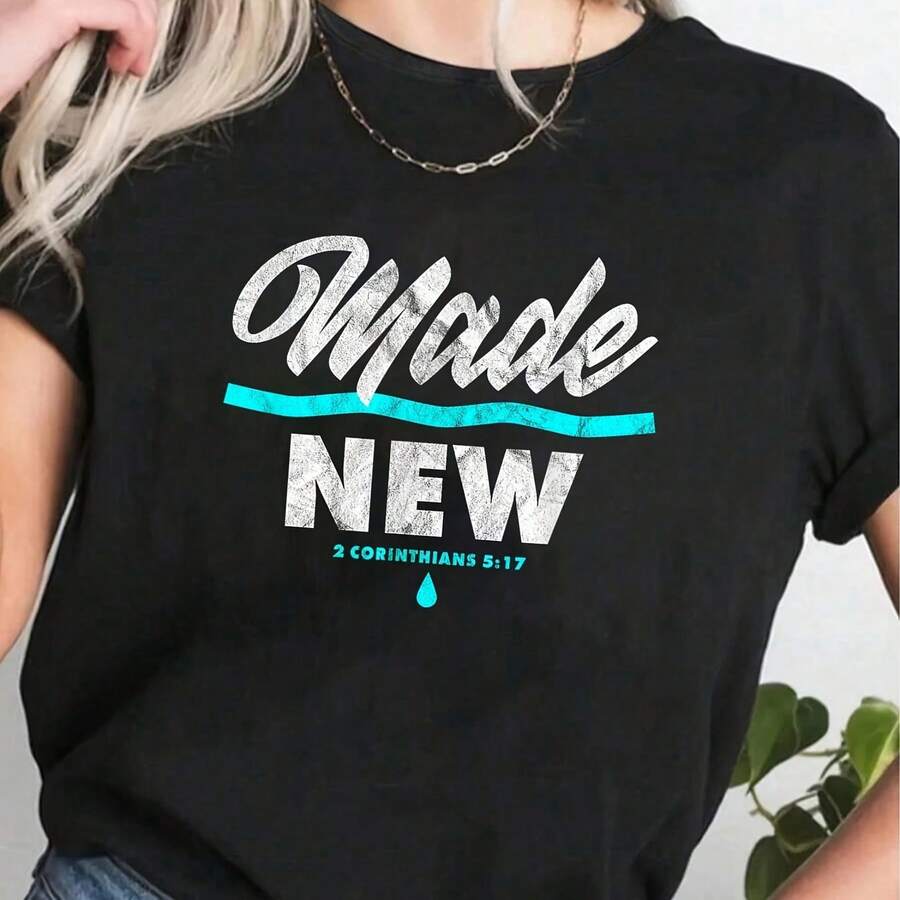 Made New Bapti Scture Verse Cistian Believer T-Shirt - Wo's Casual Short Sve Crew Neck T-Shirt For Spring & Summer, Printed Graphic Tee For Sport Lovers, Cotton,s, 30g Fabr - Negro - Ver 1