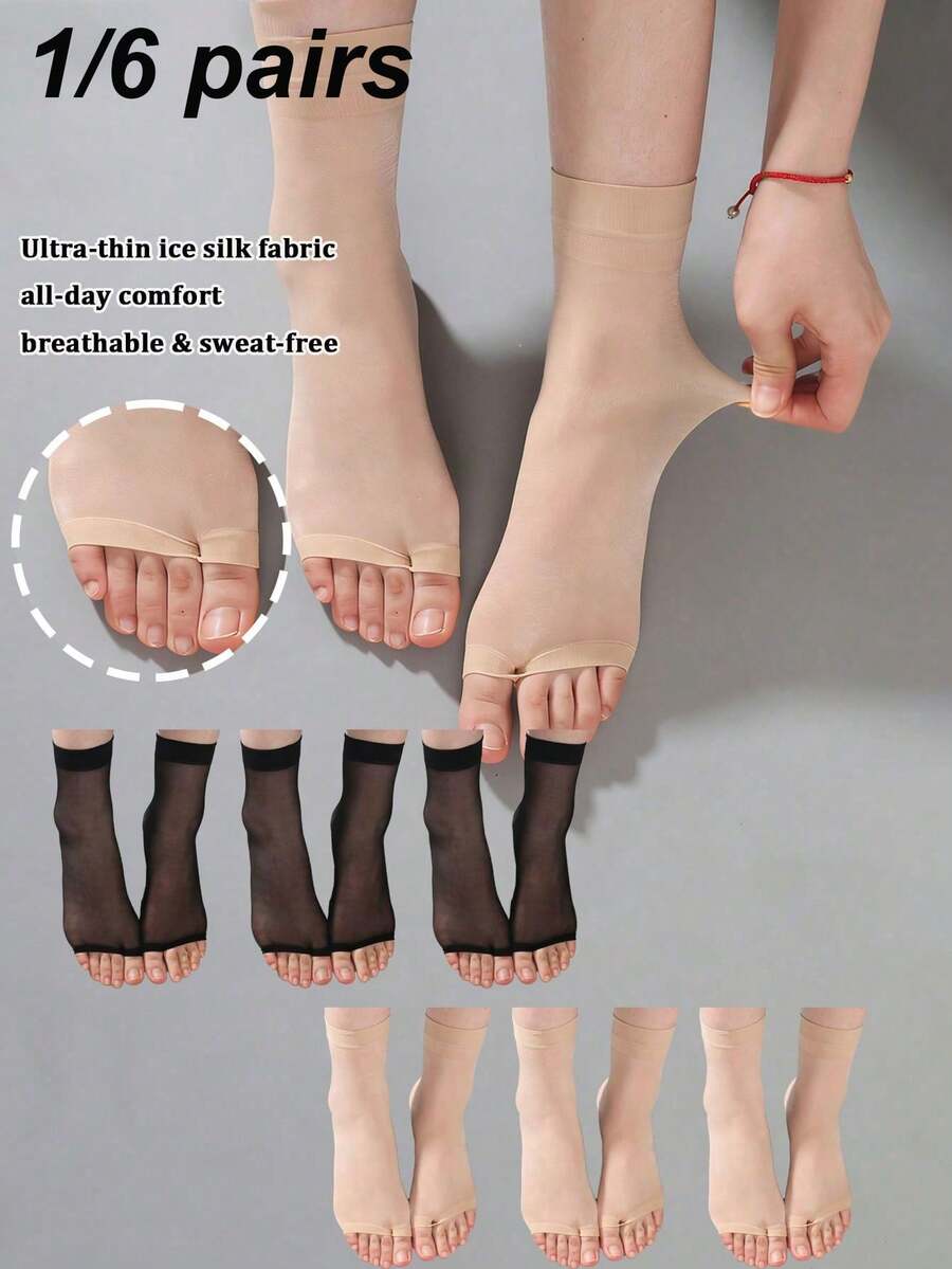 1/6 Pairs Women's Spring/Summer Open Toe Split Toe Socks, Breathable Ultra-Thin Invisible Transparent Socks, Suitable For Sandals And High Heels - Multicolor - View 1