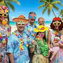 30件/組趣味夏威夷 Luau 派對拍照道具，熱帶夏季海灘 Tiki Aloha 自拍道具套裝，含花襯衫、烏克麗麗、草裙、火烈鳥、鳳梨、椰子杯，適用於生日、泳池、婚禮、單身女郎派對用品裝飾 - 多色 - 查看 3