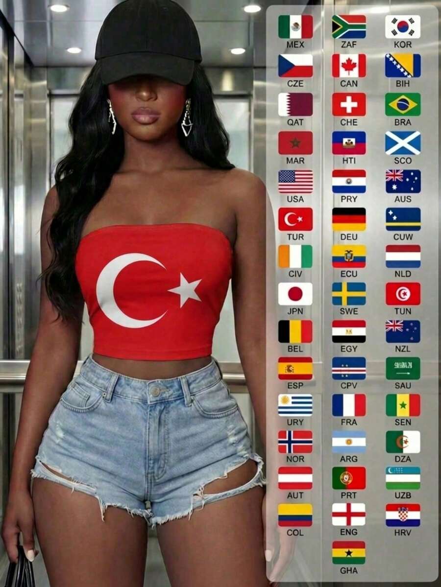 Women's Casual Strapless Backless Cropped Top With Turkey Flag Print, Suitable For Summer, Spring, Sports Fashion, Football Matches, World Cup - Türkiye - View 1