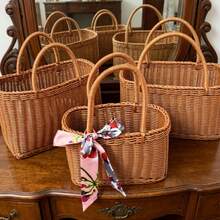 Large Capacity Woven Picnic Basket With Handle, Handmade Imitation Rattan Storage Basket, Rectangular Portable Basket For Outdoor Picnic, Grocery Shopping - View 5