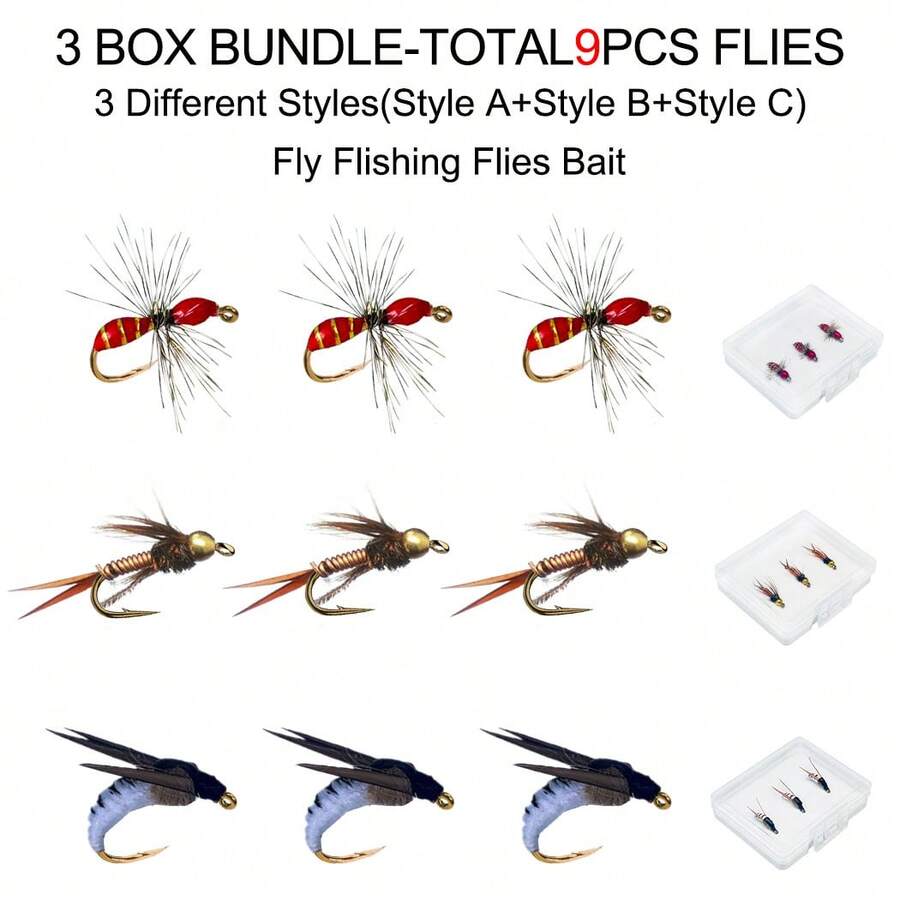 Fly Fishing Bait-3Box Bundle(Total 9Pcs Flies)With Fly Fishing Box Artificial Wet Flies Nymphs Bait For Flishing Trout/Carp Artificial Fishing Lures