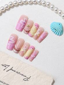 24pcs Nude Pink Purple Yellow Gradient 3D Flower Nail Art Ocean Style Shell Pattern Fake Nails With Jelly Glue + Nail File, Suitable For Sweet Girl / Vacation Style / Daily - Mauve Purple - View 4
