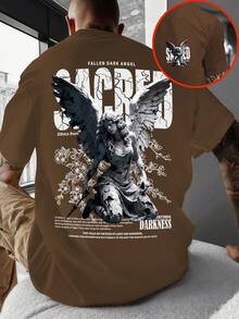 1 Camiseta de Poliéster para Hombre Estilo Y2K con Cuello Redondo y Estampado de Ángel Oscuro, Top Casual Holgado y Moderno, Estilo Urbano Europeo y Americano, Camiseta Base Versátil con Pat - Blanco - Ver 7