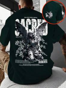 1 Camiseta de Poliéster para Hombre Estilo Y2K con Cuello Redondo y Estampado de Ángel Oscuro, Top Casual Holgado y Moderno, Estilo Urbano Europeo y Americano, Camiseta Base Versátil con Pat - Blanco - Ver 11