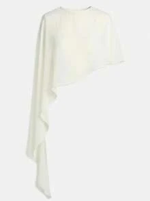 Women Sheer Mesh Poncho Solid Color Round Neck Asymmetrical Hem Loose Shawl Wraps Cape Tops - Blanco - Ver 6