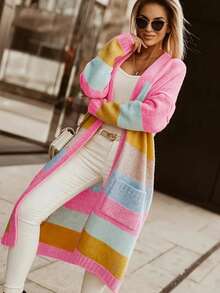 Plus Size Women's Dropped Shoulder Long Sleeve Sweater Pocket Design Autumn Winter Casual Color Block Striped Long Cardigan - Pink - View 6