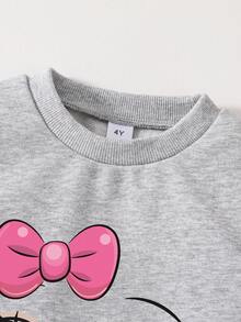 Young Girl Cartoon Print Round Neck Sweatshirt And Flared Pants - Grey - View 3