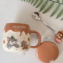 TOM AND JERRY. Cartoon Cat & Mouse Cream Rim Mug 370ml With 3D Lid + Spoon, Anti-Scald Handle, Breakfast Water Cup, Office Coffee & Milk Cup, Gift For Friends - Multicolor - View 4