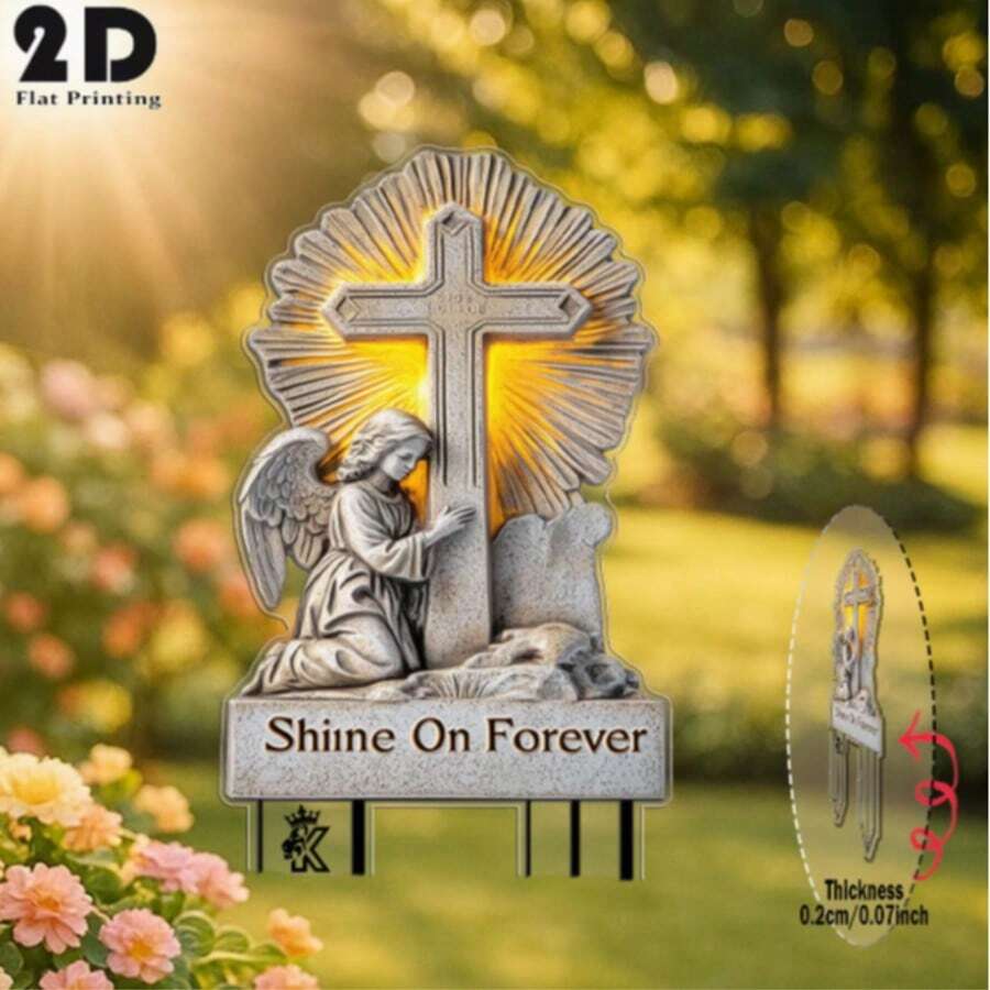 2D平面壓克力十字架天使插牌，信仰主題，防水防刮，墓地盆栽紀念裝飾