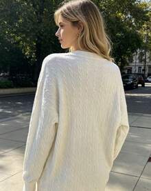 Women's White Cable-Knit Long Sleeve Scoop Neck Sweater Dress, Perfect For Fall Women Clothes - 白色 - 查看 2