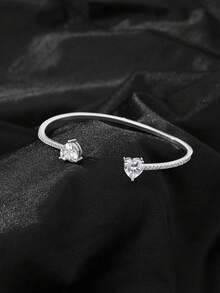 18 Karat vergoldetes Edelstahl Diamant Herz-förmiges Armreif Set, 14 Karat Gold Kubikzirkonia offener Armreif, modischer Alltagsschmuck, Geschenk für Frauen zu Feiertagen - Silber - Übersicht 3