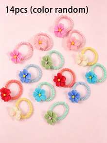 14pcs Non Damaging Hair Colored Flower Thread Hair Rope Cute Thumb Hairband Cute Headband Hair Accessories (Color Random) - Multicolor - View 6