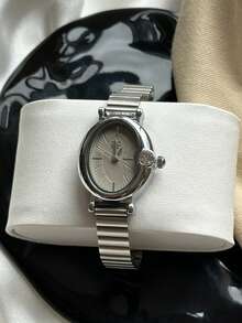 1pc Women's Oval Silver Black Square Gold Dial Quartz Casual Watch, Suitable For Daily Wear - Silver - View 4