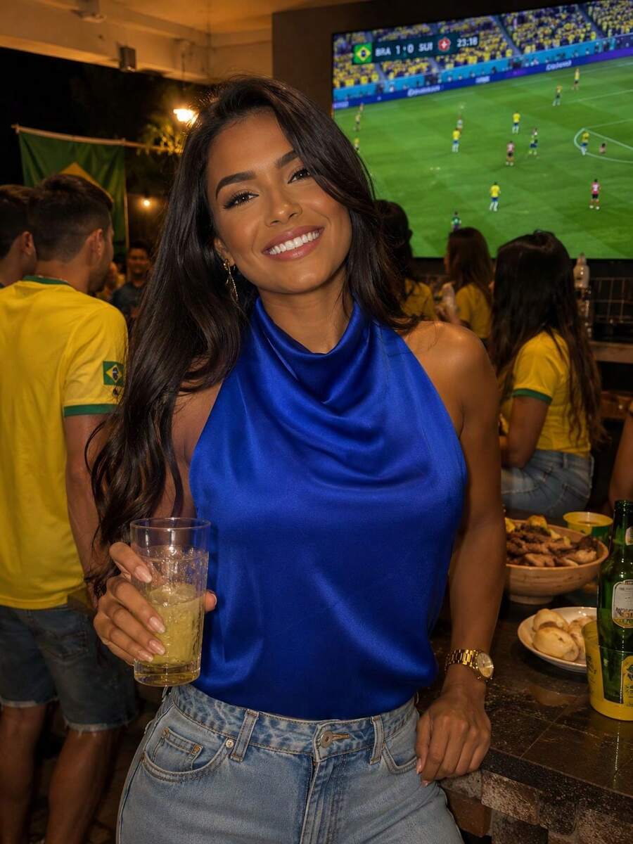 Women's Satin Blouse With High Neck And Open Back, Elegant For Parties - Azul Brasil - View 1