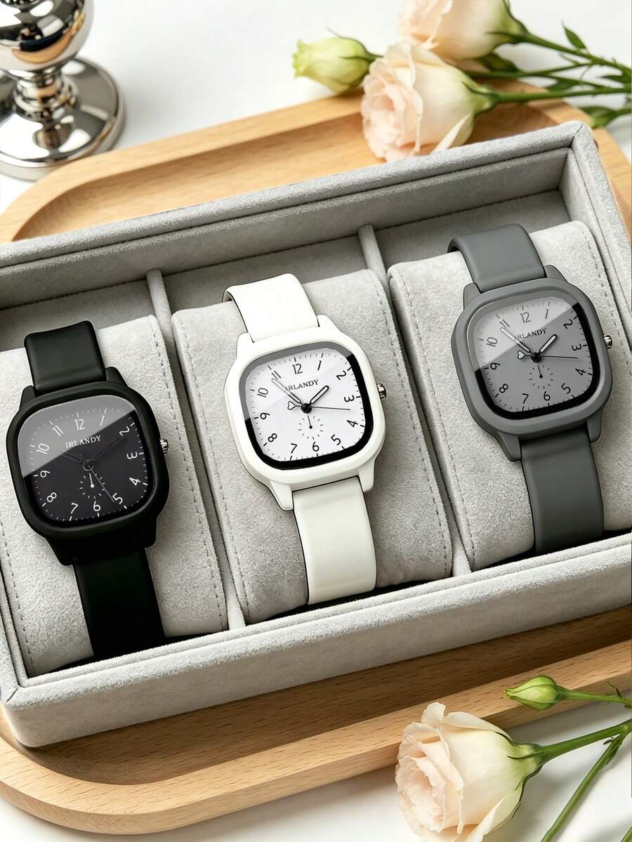 3PCS Featuring A Minimalist Square Dial Paired With Numeric Markers, While The Soft Silicone Strap Offers A Lightweight And Comfortable Fit. - Multicolor - View 1