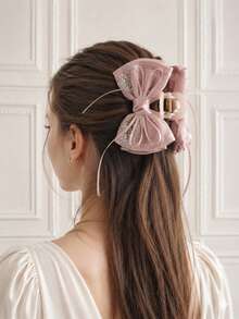 1pc Shiny Faux Rhinestone Bow Ribbon Hair Clip, Elegant Lightweight Tulle Hair Accessory For Women - Multicolor - View 4