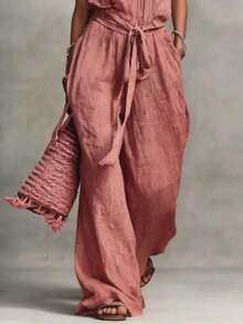 Sleeveless Cotton Blend Jumpsuit With Drawstring 2026 - Pink - View 3