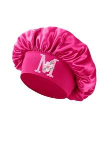 1pc Toddler Satin Hair Bonnet, Hair Protection, 3-8 Years Old Girls Sleep Cap, Floral & Letter Design, Adjustable Night Cap - Hot Pink - View 9