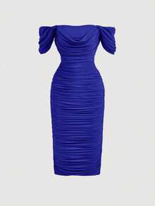 Ruched Off-The-Shoulder Fitted Dress - Royal Blue - View 1