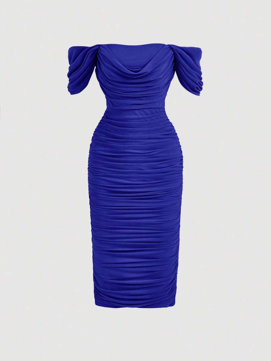 Ruched Off-The-Shoulder Fitted Dress - Royal Blue - View 1