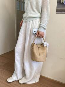 Women's Bucket Handbag, Fashionable Versatile Elegant Solid Color Striped Khaki Bag With Scarf, Suitable For Shopping And Commuting, Includes Small Pouch - Khaki - View 5