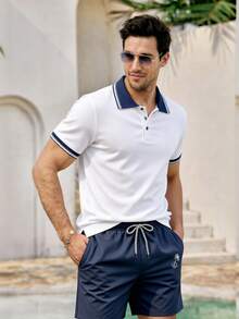 Mercer Haus Men's Color Block Polo Collar Short Sleeve Knit Top Polo T Shirt Men , Suitable For Summer Tropical Holiday Vacation In Hawaii. - White - View 8