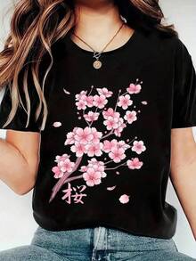 Camiseta de mujer de manga corta con cuello redondo y estampado de gato, de estilo casual versátil, adecuada para uso diario en color negro - Negro - Ver 1
