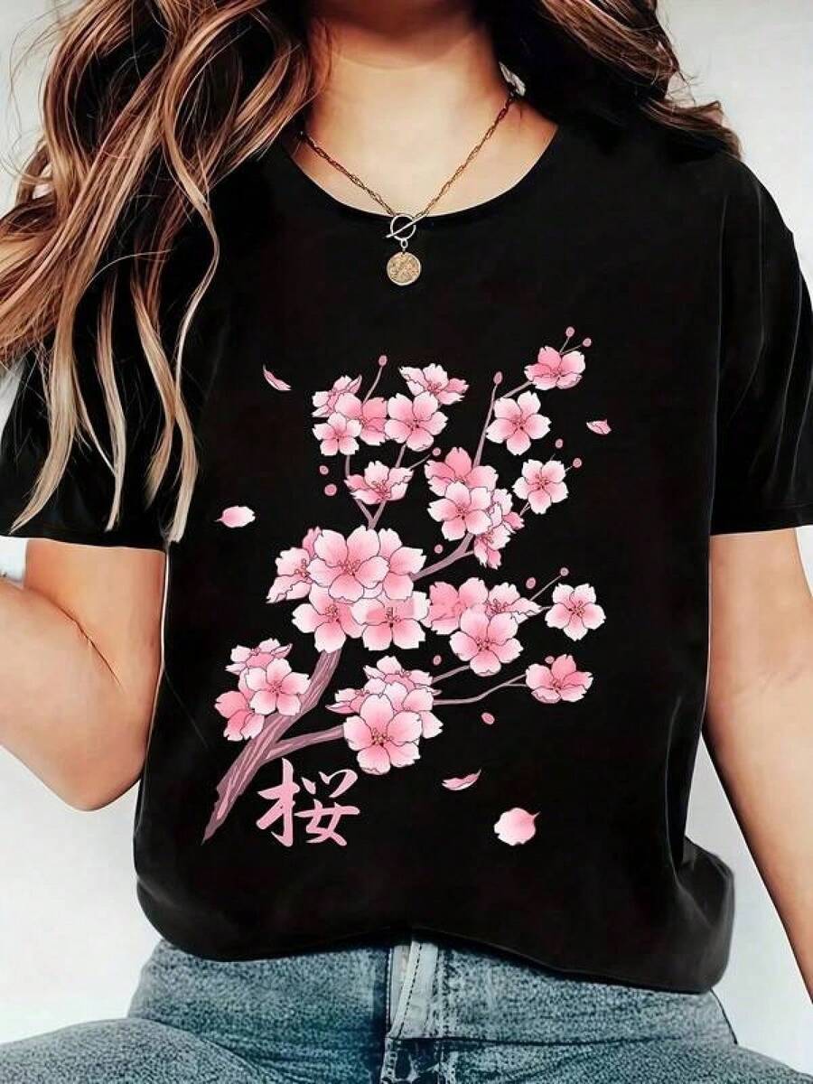 Camiseta de mujer de manga corta con cuello redondo y estampado de gato, de estilo casual versátil, adecuada para uso diario en color negro - Negro - Ver 1