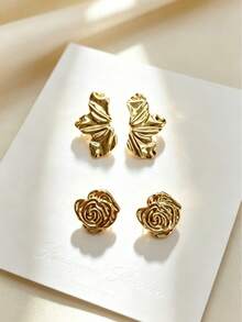 French Vintage Butterfly 304 Stainless Steel Stud Earrings, Two 3D Textures, Gentle Luxury Style, Suitable For Dates, Parties, Graduation Season, Daily School, Holiday Gifts, Workplace, Commuting, Creating High-End Style, Evening Banquets, Travel, Casual Shopping, Finely Polished And Comfortable Fit, Summer Garden/Beach Party Birthday Focus, Must-Have For Summer Travel - Multicolor - View 10