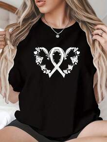 Camiseta de  y Blanca con Estampado de Mariposas, Corazones y Flores, Manga Corta, Cuello Redondo, Blusa Casual de Verano con Estilo Estético Vintage Urbano, Unisex, de Algodón, Holgada - Negro - Ver 1