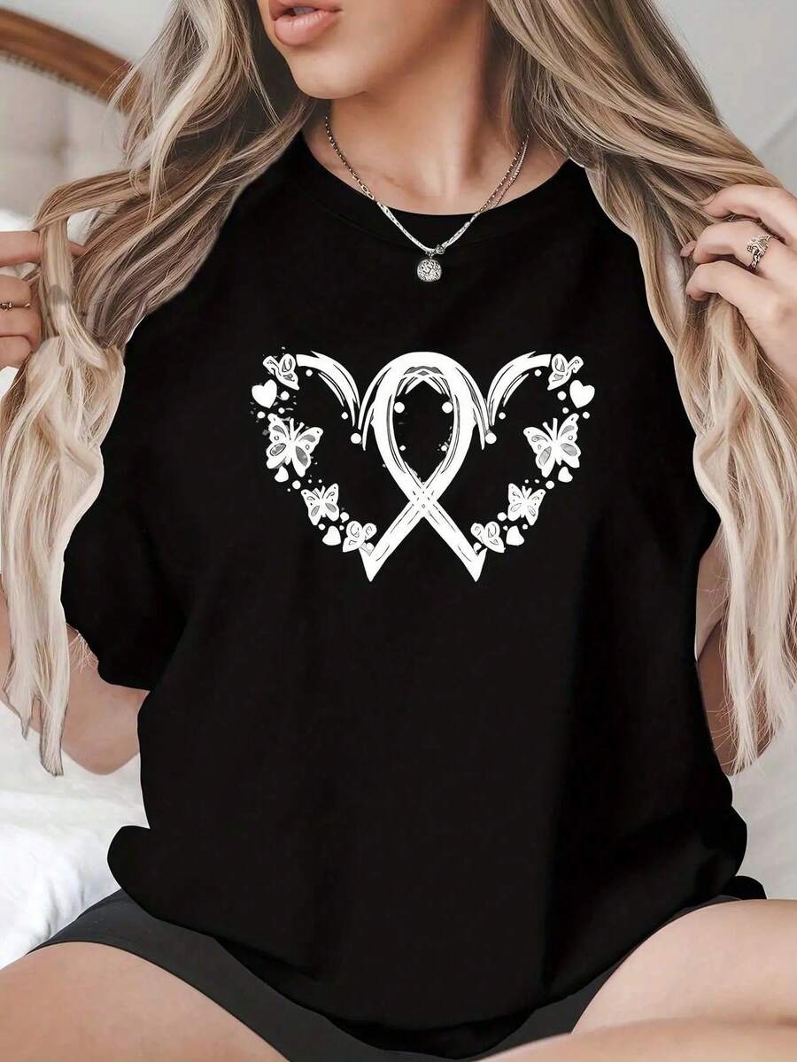 Camiseta de y Blanca con Estampado de Mariposas, Corazones y Flores, Manga Corta, Cuello Redondo, Blusa Casual de Verano con Estilo Estético Vintage Urbano, Unisex, de Algodón, Holgada - Negro - Ver 1