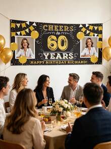 Personalized Photo Birthday Banner Backdrop, Suitable For Adults, Events, Parties, Wedding Decoration Posters. Personalized Custom Birthday Party Backdrop, Can Add Photos And Text Decoration. Black And Gold Party Backdrop Birthday Decoration Supplies. Custom Birthday Photo Backdrop, Party Decoration. - Multicolor - View 5