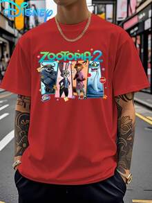 Men'sDisney Short-Sleeved T-Shirt,Printed With Zootopia's Classic Animated Character Pattern,Round Neck Shirt,Outdoor Men's Wear In Spring And Summer - 紅色 - 查看 1